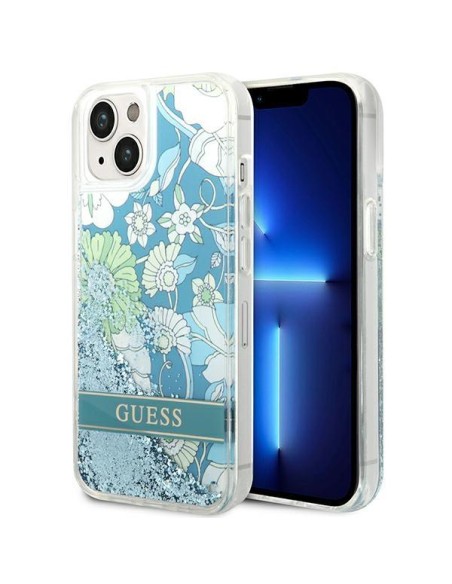 Guess Flower Liquid Glitter dėklas iPhone 14 Plus - žalias Guess Flower Liquid Glitter dėklas iPhone 14 Plus - žalias