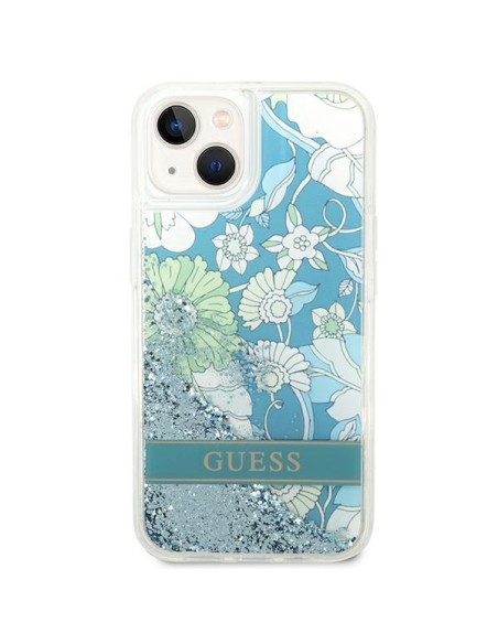 Guess Flower Liquid Glitter dėklas iPhone 14 Plus - žalias Guess Flower Liquid Glitter dėklas iPhone 14 Plus - žalias