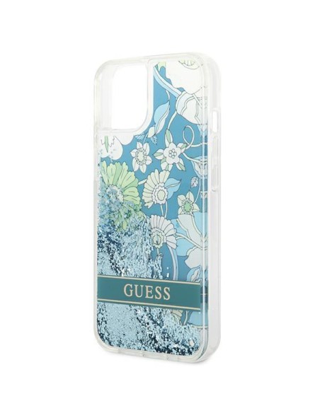 Guess Flower Liquid Glitter dėklas iPhone 14 Plus - žalias Guess Flower Liquid Glitter dėklas iPhone 14 Plus - žalias