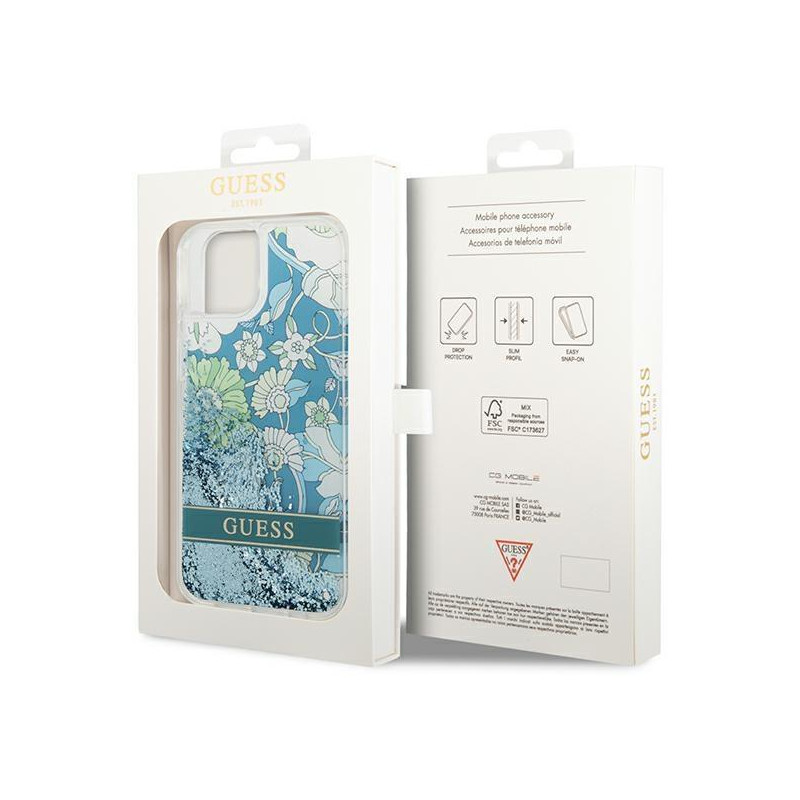 Guess Flower Liquid Glitter dėklas iPhone 14 Plus - žalias