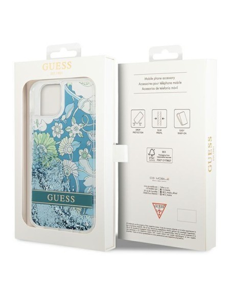 Guess Flower Liquid Glitter dėklas iPhone 14 Plus - žalias Guess Flower Liquid Glitter dėklas iPhone 14 Plus - žalias