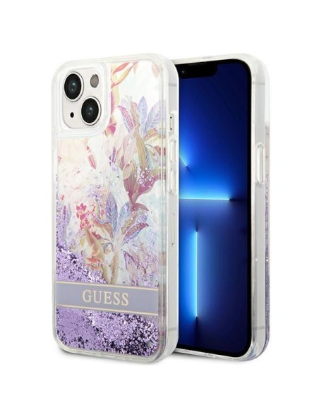 Guess Flower Liquid Glitter dėklas iPhone 14 Plus - violetinis Guess Flower Liquid Glitter dėklas iPhone 14 Plus - violetinis