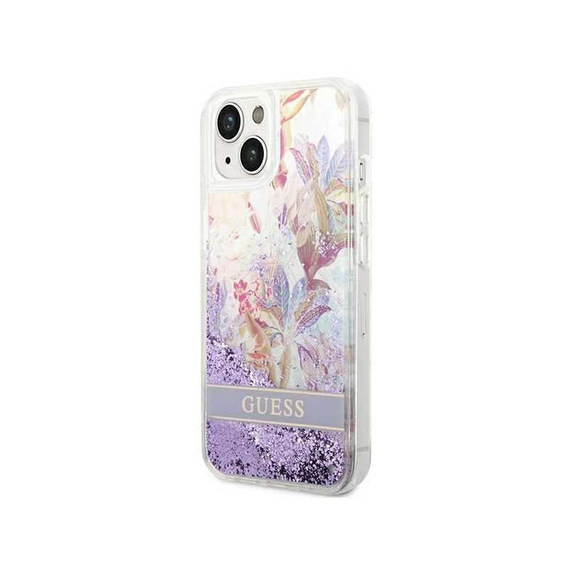 Guess Flower Liquid Glitter dėklas iPhone 14 Plus - violetinis