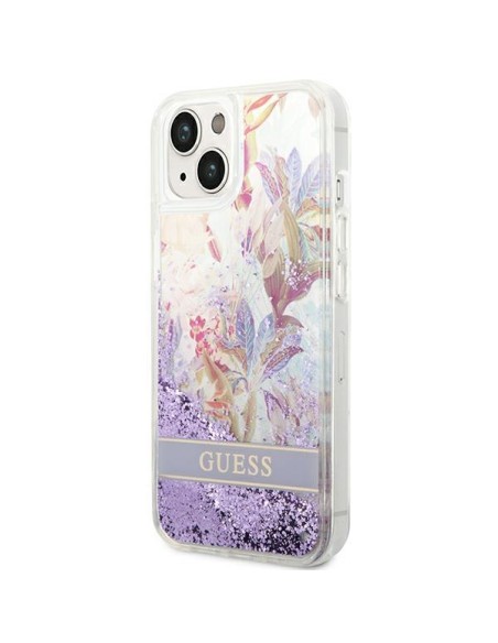 Guess Flower Liquid Glitter dėklas iPhone 14 Plus - violetinis Guess Flower Liquid Glitter dėklas iPhone 14 Plus - violetinis