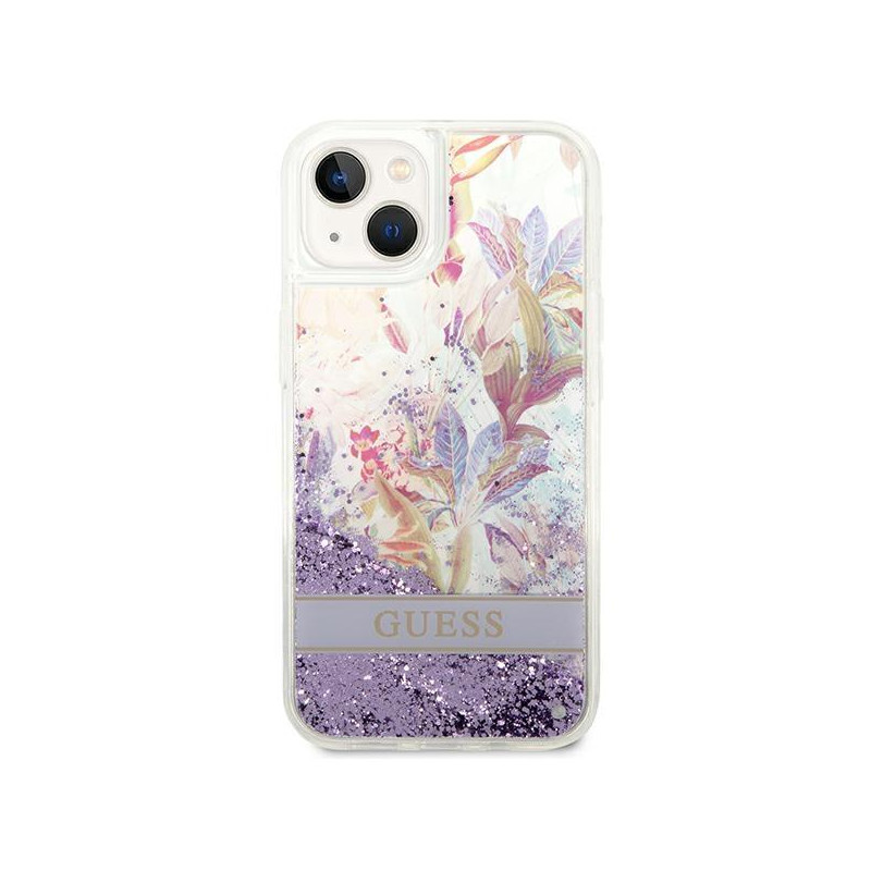 Guess Flower Liquid Glitter dėklas iPhone 14 Plus - violetinis