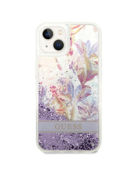 Guess Flower Liquid Glitter dėklas iPhone 14 Plus - violetinis Guess Flower Liquid Glitter dėklas iPhone 14 Plus - violetinis
