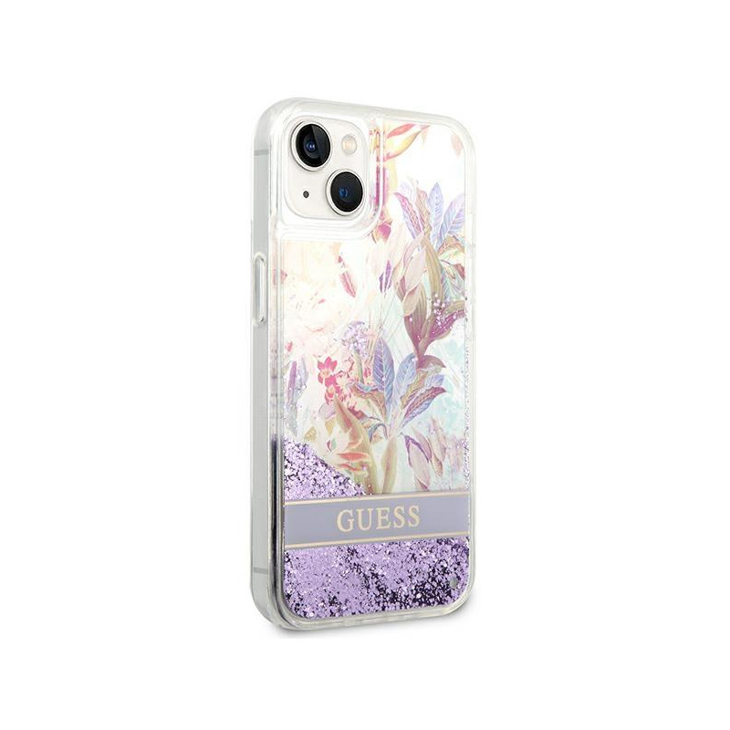 Guess Flower Liquid Glitter dėklas iPhone 14 Plus - violetinis