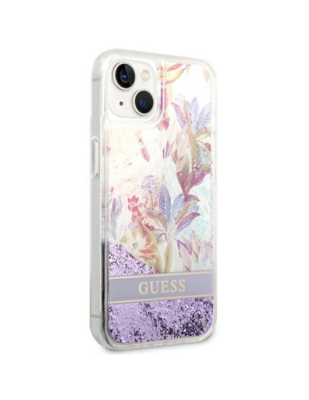 Guess Flower Liquid Glitter dėklas iPhone 14 Plus - violetinis Guess Flower Liquid Glitter dėklas iPhone 14 Plus - violetinis