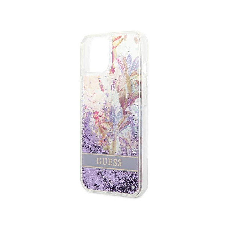 Guess Flower Liquid Glitter dėklas iPhone 14 Plus - violetinis