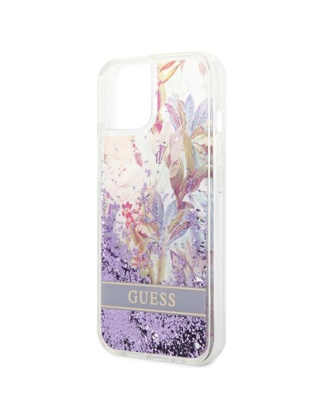 Guess Flower Liquid Glitter dėklas iPhone 14 Plus - violetinis Guess Flower Liquid Glitter dėklas iPhone 14 Plus - violetinis