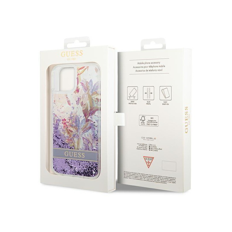 Guess Flower Liquid Glitter dėklas iPhone 14 Plus - violetinis