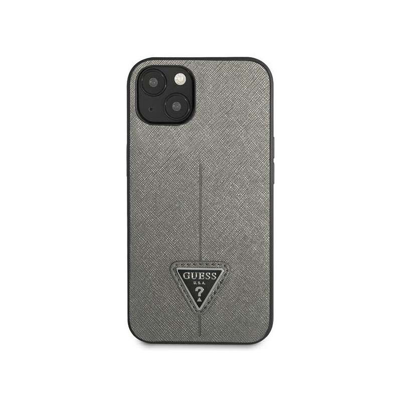 Guess Saffiano Triangle Logo dėklas iPhone 14 Plus - sidabrinis