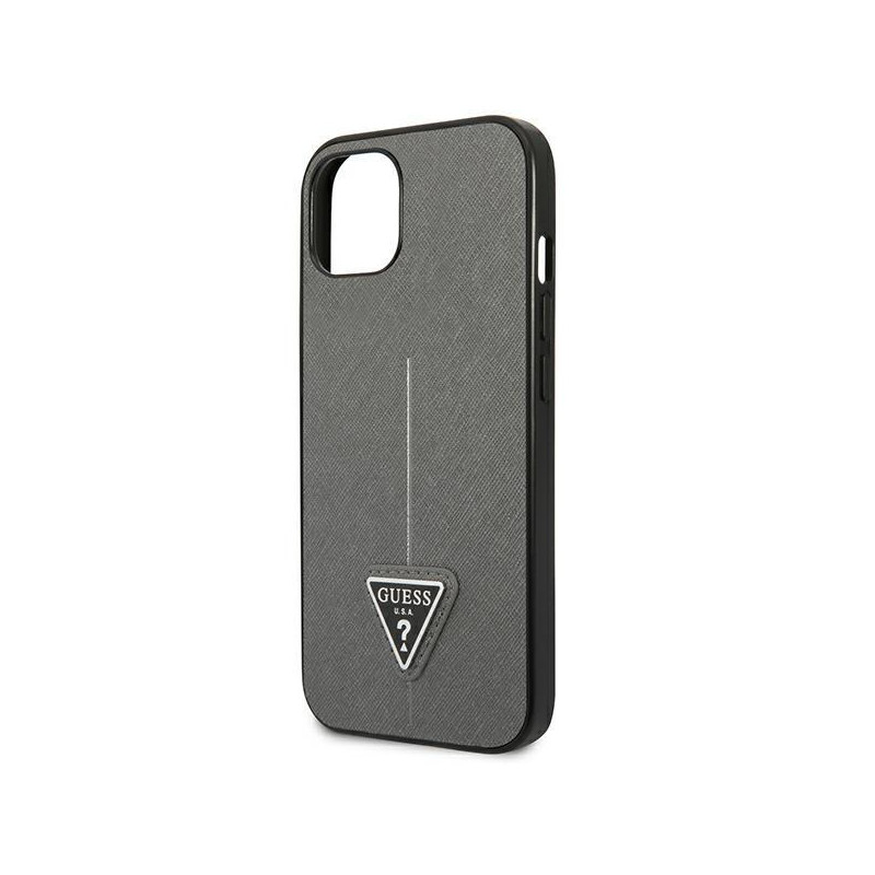 Guess Saffiano Triangle Logo dėklas iPhone 14 Plus - sidabrinis