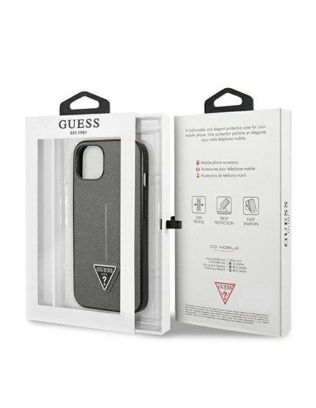 Guess Saffiano Triangle Logo dėklas iPhone 14 Plus - sidabrinis Guess Saffiano Triangle Logo dėklas iPhone 14 Plus - sidabrinis