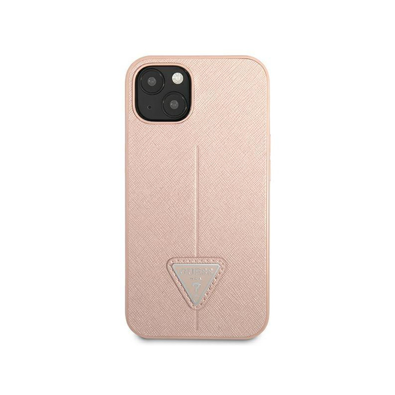 Guess Saffiano Triangle Logo dėklas iPhone 14 Plus - rožinis