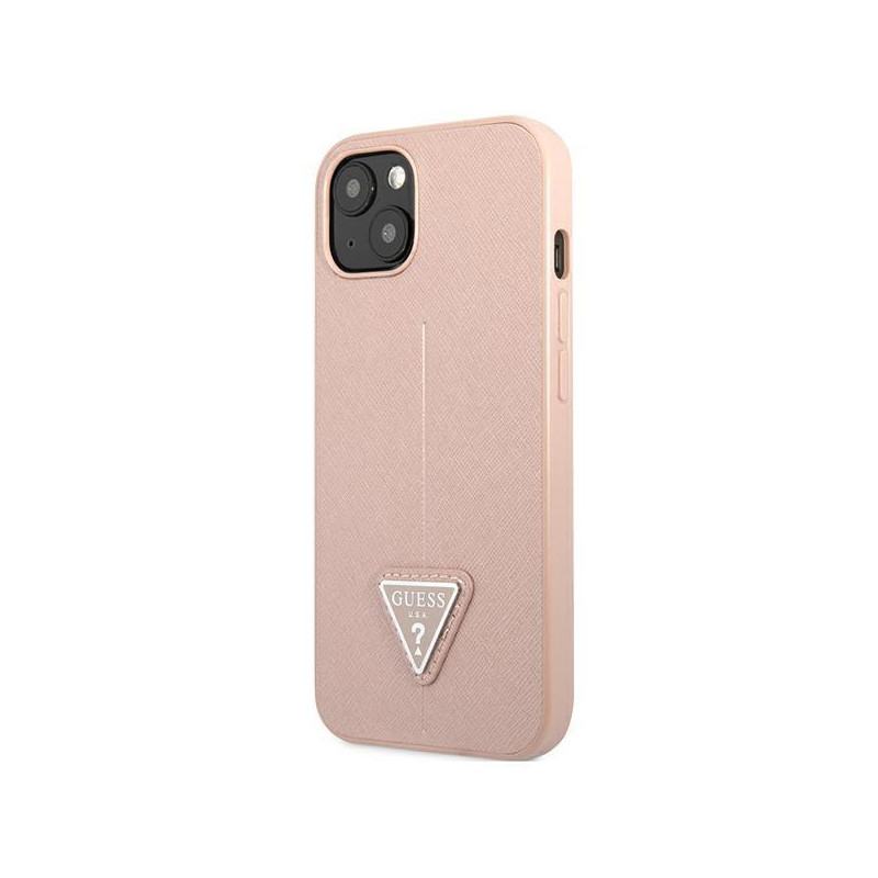 Guess Saffiano Triangle Logo dėklas iPhone 14 Plus - rožinis