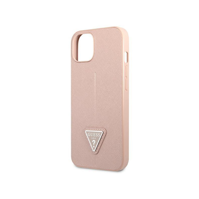 Guess Saffiano Triangle Logo dėklas iPhone 14 Plus - rožinis