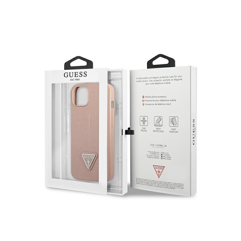 Guess Saffiano Triangle Logo dėklas iPhone 14 Plus - rožinis