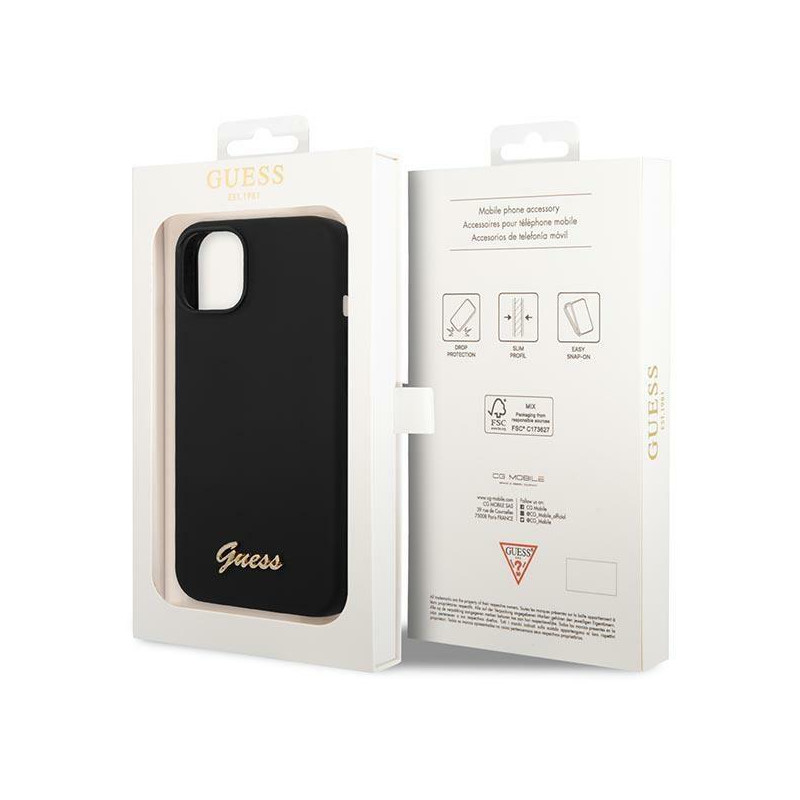 Guess Silicone Vintage Gold Logo dėklas, skirtas iPhone 14 Plus - juodas