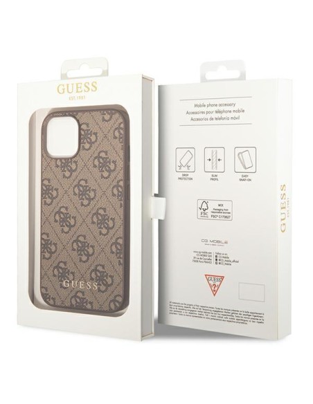 Guess 4G Metal Gold Logo dėklas iPhone 14 - rudas Guess 4G Metal Gold Logo dėklas iPhone 14 - rudas