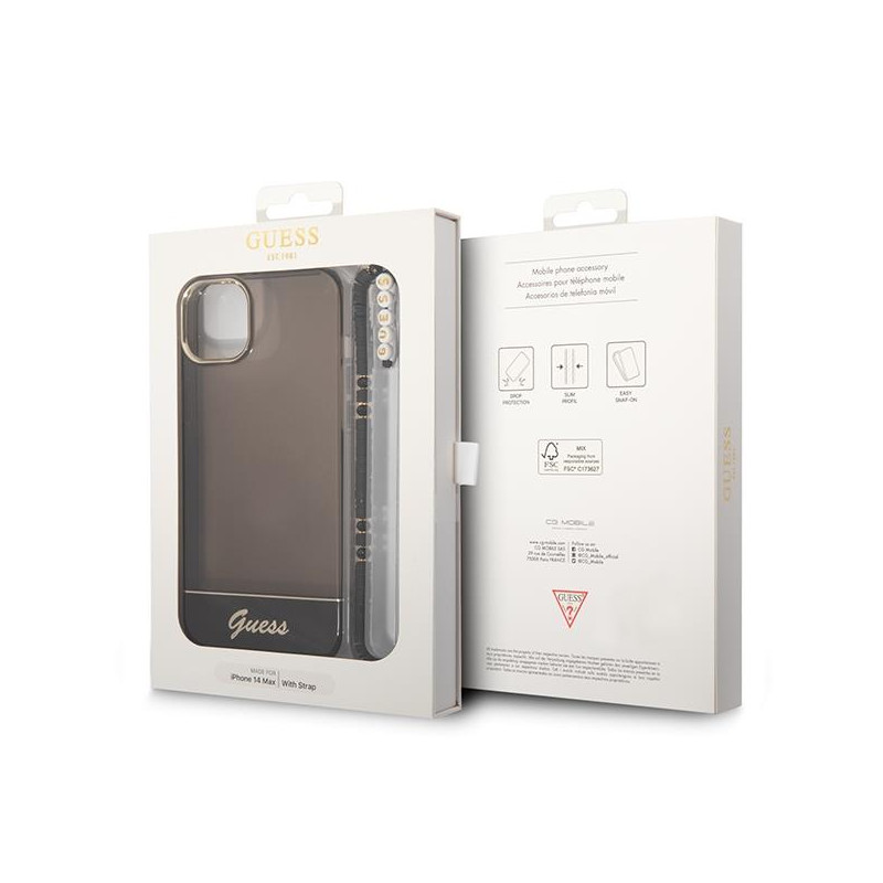 Guess Translucent Pearl Strap dėklas iPhone 14 - juodas