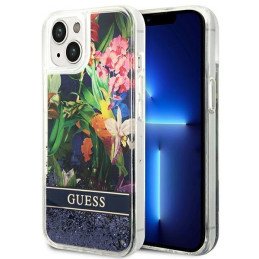 Guess Flower Liquid Glitter dėklas iPhone 14 - mėlynas