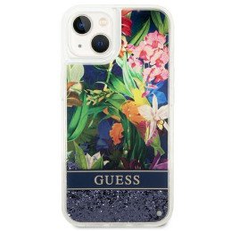 Guess Flower Liquid Glitter dėklas iPhone 14 - mėlynas