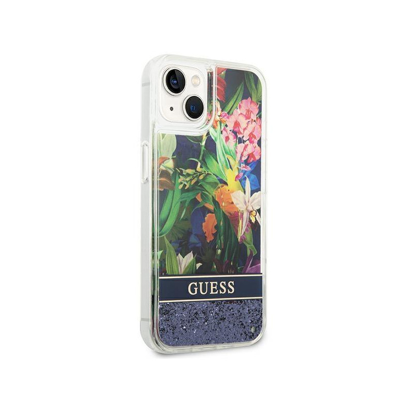Guess Flower Liquid Glitter dėklas iPhone 14 - mėlynas