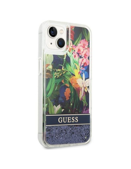 Guess Flower Liquid Glitter dėklas iPhone 14 - mėlynas Guess Flower Liquid Glitter dėklas iPhone 14 - mėlynas