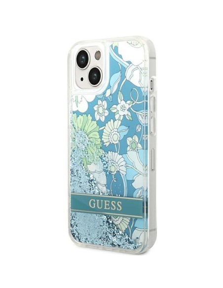 Guess Flower Liquid Glitter dėklas iPhone 14 - žalias Guess Flower Liquid Glitter dėklas iPhone 14 - žalias