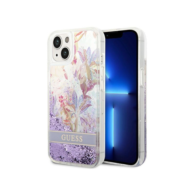Guess Flower Liquid Glitter dėklas iPhone 14 - violetinis