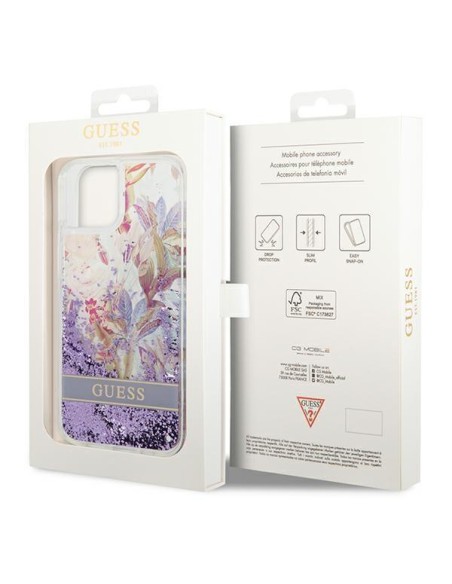 Guess Flower Liquid Glitter dėklas iPhone 14 - violetinis Guess Flower Liquid Glitter dėklas iPhone 14 - violetinis