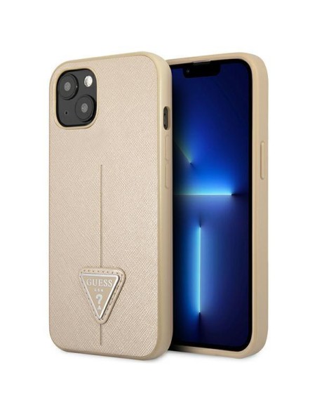 Guess Saffiano Triangle Logo dėklas, skirtas iPhone 14 - smėlio spalvos Guess Saffiano Triangle Logo dėklas, skirtas iPhone 14 - smėlio spalvos