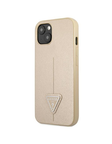 Guess Saffiano Triangle Logo dėklas, skirtas iPhone 14 - smėlio spalvos Guess Saffiano Triangle Logo dėklas, skirtas iPhone 14 - smėlio spalvos