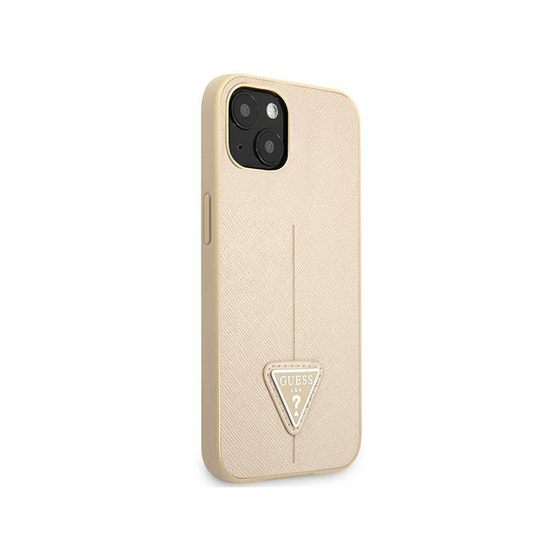 Guess Saffiano Triangle Logo dėklas, skirtas iPhone 14 - smėlio spalvos