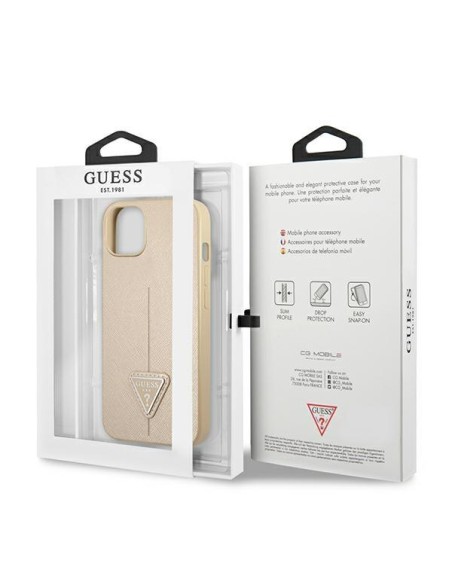 Guess Saffiano Triangle Logo dėklas, skirtas iPhone 14 - smėlio spalvos Guess Saffiano Triangle Logo dėklas, skirtas iPhone 14 - smėlio spalvos