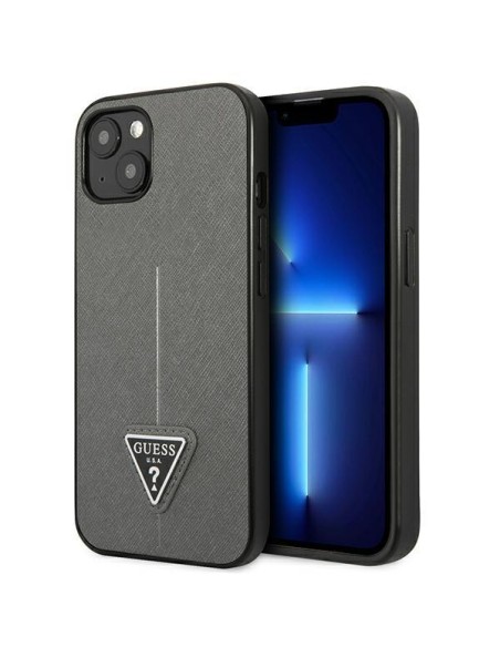 Guess Saffiano Triangle Logo dėklas iPhone 14 - sidabrinis