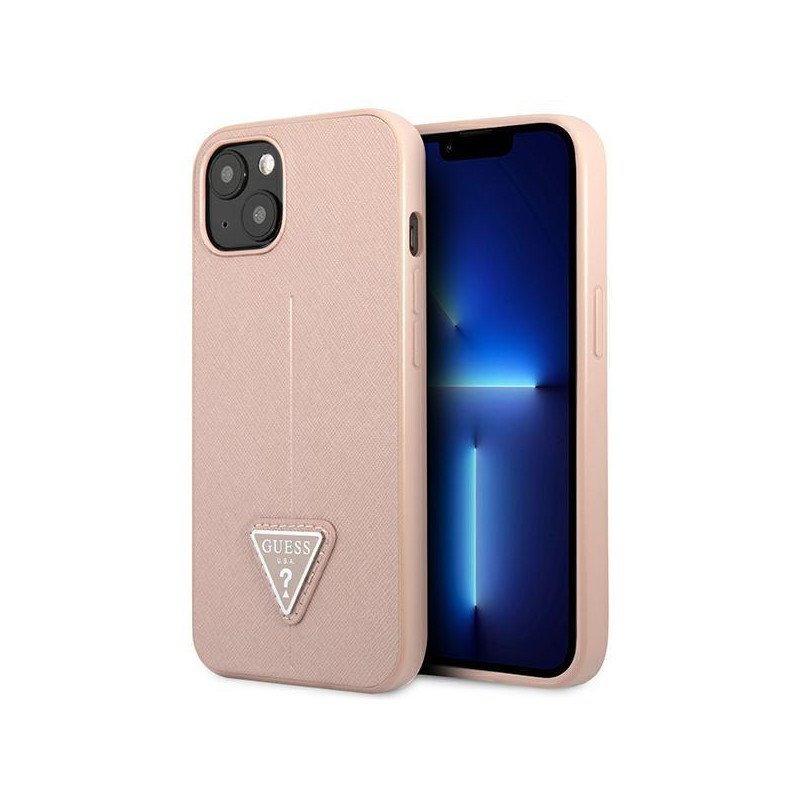 Guess Saffiano Triangle Logo dėklas iPhone 14 - rožinis Guess Saffiano Triangle Logo dėklas iPhone 14 - rožinis