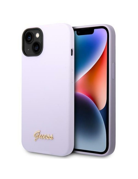 Guess Silicone Vintage Gold Logo dėklas, skirtas iPhone 14 - violetinė Guess Silicone Vintage Gold Logo dėklas, skirtas iPhone 14 - violetinė