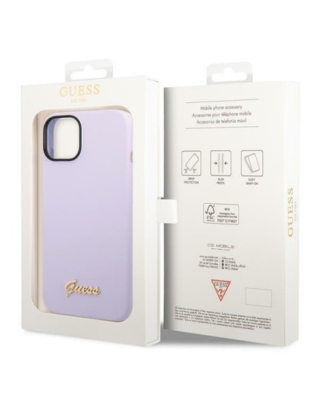 Guess Silicone Vintage Gold Logo dėklas, skirtas iPhone 14 - violetinė Guess Silicone Vintage Gold Logo dėklas, skirtas iPhone 14 - violetinė