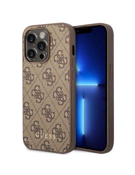 Guess 4G Metal Gold Logo dėklas, skirtas iPhone 14 Pro Max - rudas Guess 4G Metal Gold Logo dėklas, skirtas iPhone 14 Pro Max - rudas