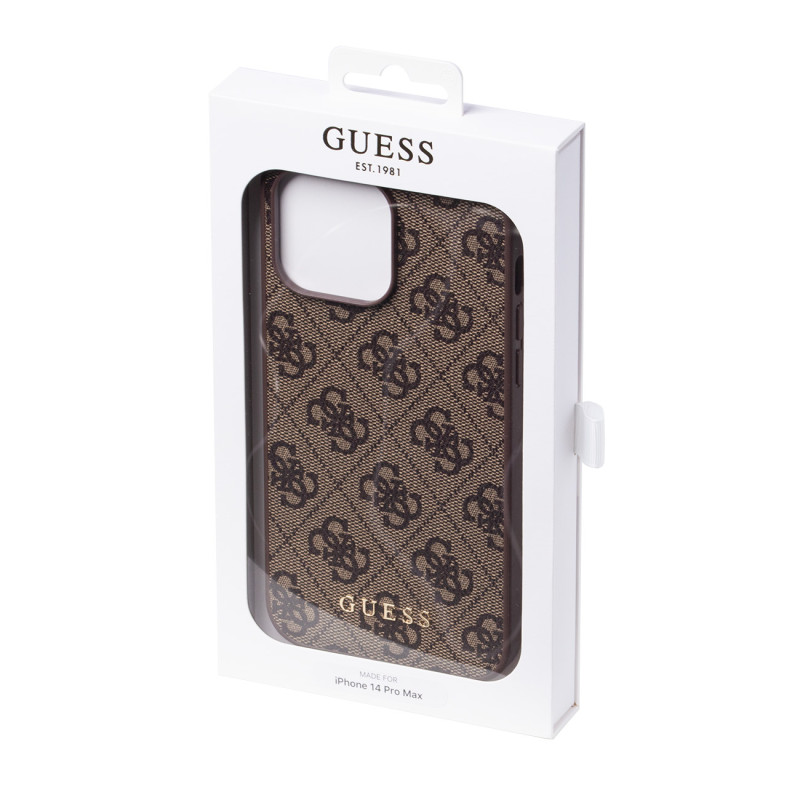 Guess 4G Metal Gold Logo dėklas, skirtas iPhone 14 Pro Max - rudas