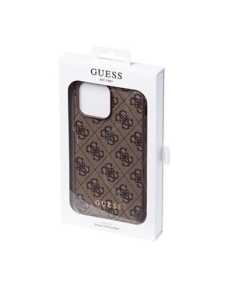 Guess 4G Metal Gold Logo dėklas, skirtas iPhone 14 Pro Max - rudas Guess 4G Metal Gold Logo dėklas, skirtas iPhone 14 Pro Max - rudas