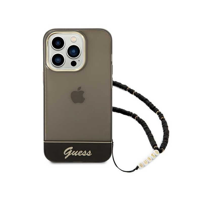 Guess Translucent Pearl Strap dėklas, skirtas iPhone 14 Pro Max - juodas