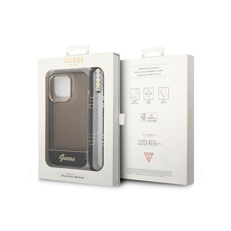 Guess Translucent Pearl Strap dėklas, skirtas iPhone 14 Pro Max - juodas