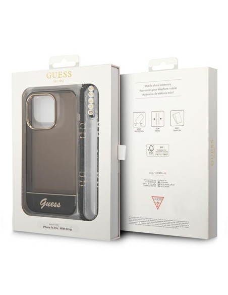 Guess Translucent Pearl Strap dėklas, skirtas iPhone 14 Pro Max - juodas Guess Translucent Pearl Strap dėklas, skirtas iPhone 14 Pro Max - juodas