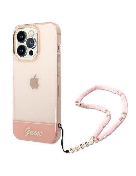 Guess Translucent Pearl Strap dėklas, skirtas iPhone 14 Pro Max - rožinis Guess Translucent Pearl Strap dėklas, skirtas iPhone 14 Pro Max - rožinis