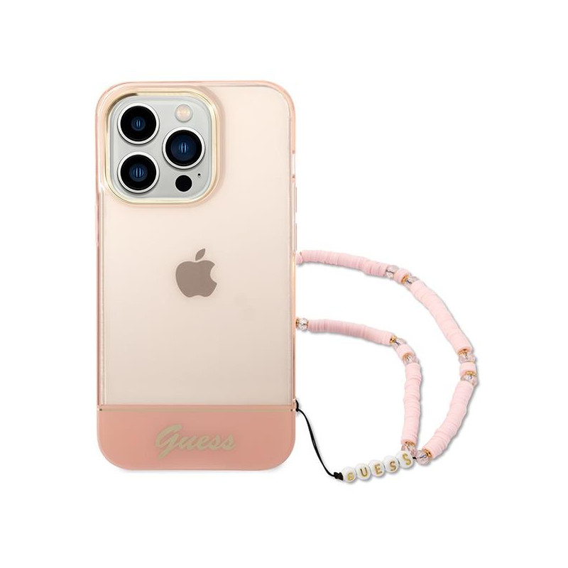 Guess Translucent Pearl Strap dėklas, skirtas iPhone 14 Pro Max - rožinis