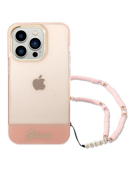 Guess Translucent Pearl Strap dėklas, skirtas iPhone 14 Pro Max - rožinis Guess Translucent Pearl Strap dėklas, skirtas iPhone 14 Pro Max - rožinis