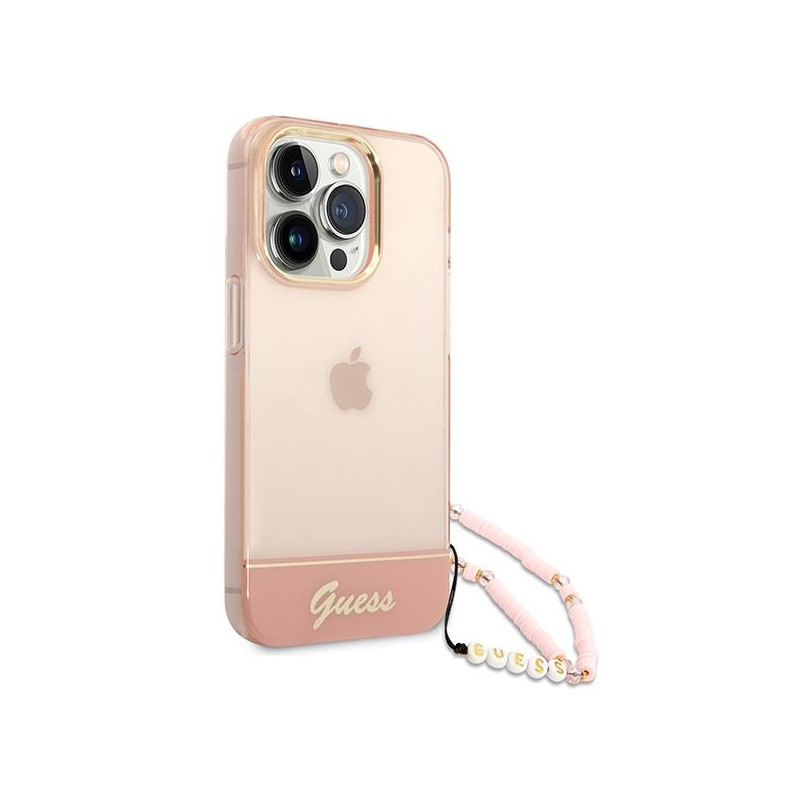 Guess Translucent Pearl Strap dėklas, skirtas iPhone 14 Pro Max - rožinis